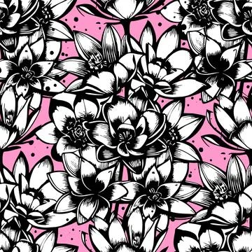 Seamless pattern of black and white flowers on a pink background, texture, .. Illustrazione stock