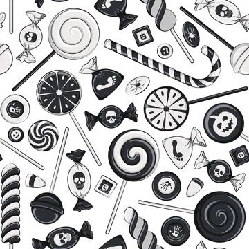 Seamless pattern of black and white sweets, candies and lollipops for Halloween Ilustração Stock