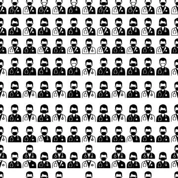 Seamless pattern of black and white doctor and nurse icons with stethoscope.. 库存插图