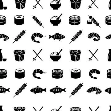 Seamless pattern of black and white Japanese food icons including sushi, ri.. 库存插图