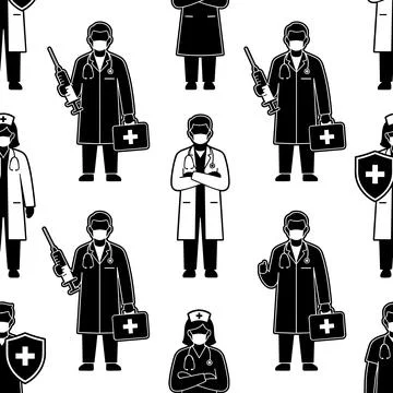 Seamless pattern of black and white medical professionals including doctors.. Stock Illustration