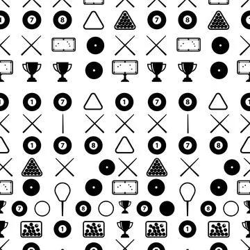 Seamless pattern of black and white billiard icons including balls, cues, t.. Stock Illustration