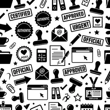 Seamless pattern of black and white office icons, stamps, and documents, fe.. Illustrazione stock