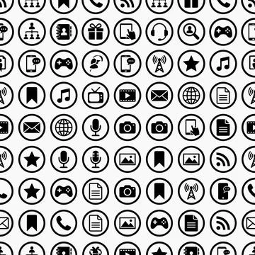 Seamless pattern of black and white communication and technology icons, inc.. Stock Illustration
