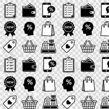 Seamless pattern of black and white shopping icons including wallets, shopp.. Stock Illustration