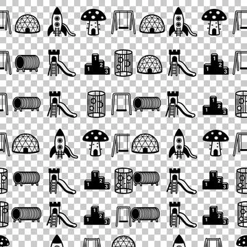 Seamless pattern of black and white playground equipment icons including ro.. Stock Illustration