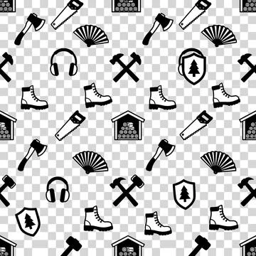 Seamless pattern of black and white icons for lumberjack, forestry, and out.. Stock Illustration
