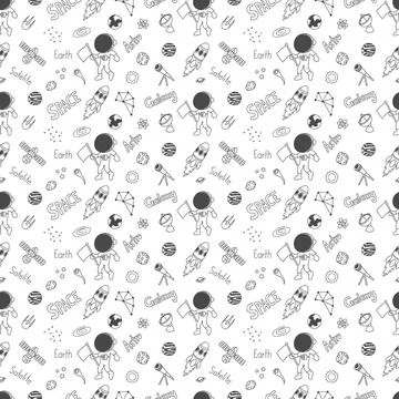Seamless pattern of black and white hand-drawn astronaut doodles Stock Photos