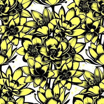 Seamless pattern of black and yellow flowers on a white background, texture.. Stock-Illustration