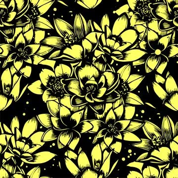 Seamless pattern of black and yellow flowers on a black background, texture.. Stock Illustration