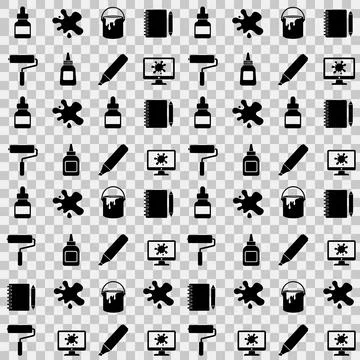 Seamless pattern of black art and craft supplies icons including paint roll.. Stock Illustration