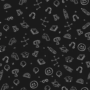 Seamless pattern on a black background for children's school, cups, medals,.. Illustrazione stock