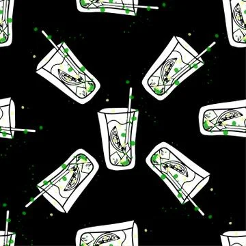 Seamless pattern on a black background with a glass of mojito. Stock Illustration