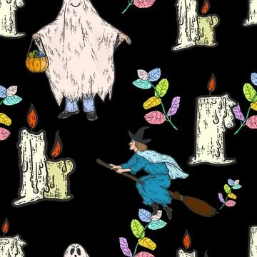 Seamless pattern on a black background. Halloween and witchcraft theme. Stock Illustration