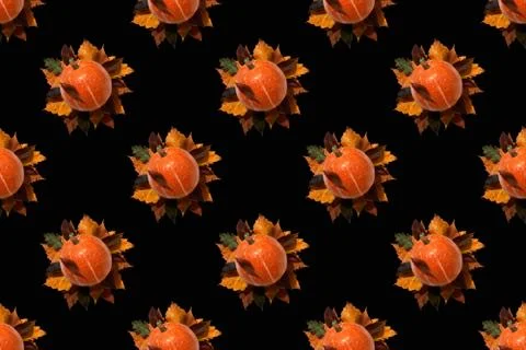 Seamless pattern on a black background. Pumpkin fruits on yellow leaves. Foto stock