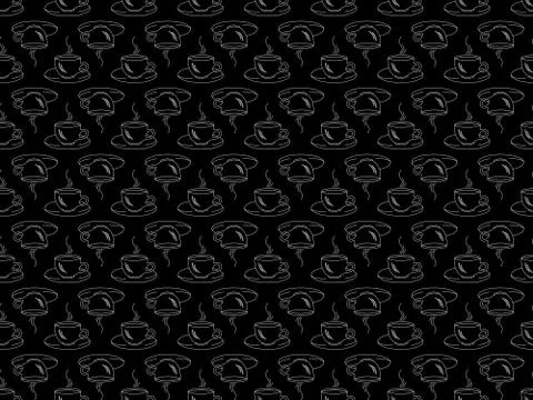 Seamless pattern on a black background with white silhouettes of cups of coff Stock Illustration
