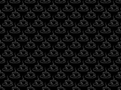 Seamless pattern on a black background with white silhouettes of cups of c... Stock Photos