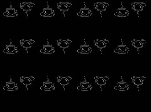 Seamless pattern on a black background with white silhouettes of cups of c... Stock Photos