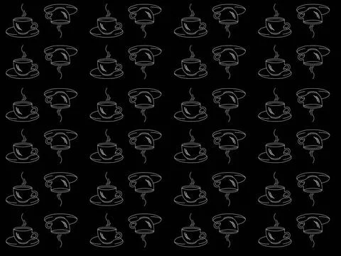 Seamless pattern on a black background with white silhouettes of cups of c... Stock Photos