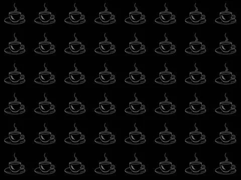 Seamless pattern on a black background with white silhouettes of cups of c... Stock Photos