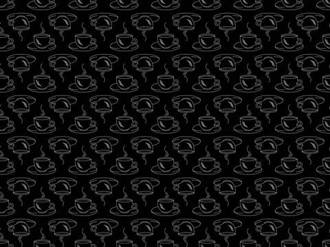 Seamless pattern on a black background with white silhouettes of cups of c... Stock Photos