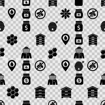 Seamless pattern of black beekeeping and honey icons including beehives, ho.. Stock Illustration