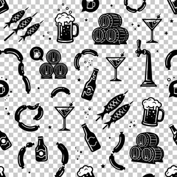 Seamless pattern of black beer mugs, sausages, grilled fish, martini glasse.. Stock Illustration