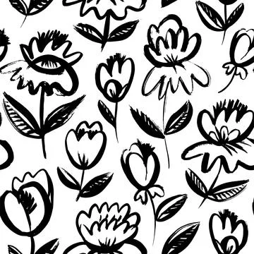Seamless pattern with black brush drawn flowers. Illustrazione stock