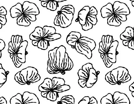 Seamless pattern with black brush flowers on a white background. Ink drawin.. Stock Illustration