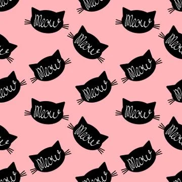 Seamless pattern with black cat face silhouette Stock Illustration