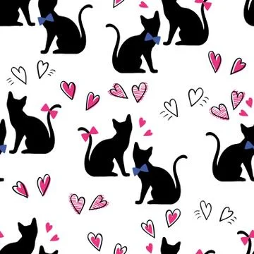 Seamless pattern black cats with hearts on a white background Stock Illustration