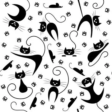 Seamless pattern with black cats, paw prints and mice Stock Illustration