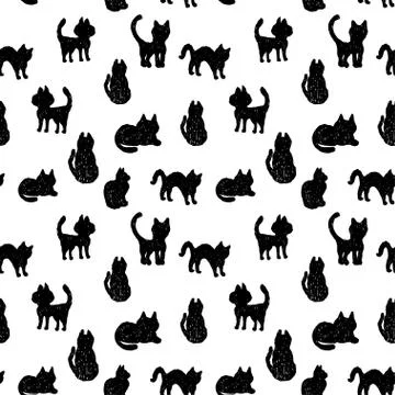 Seamless pattern Black cats silhouettes on white background. Stock Illustration
