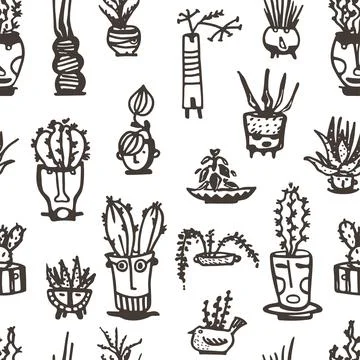 Seamless pattern Black Ceramic pots with cactus comic faces Stock Illustration