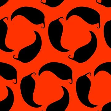 Seamless pattern, black chili pepper on a red background, vector for textiles Illustrazione stock