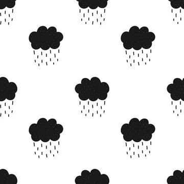 Seamless pattern of black clouds with rain. Vector scandinavian hand-drawn ch 스톡 일러스트