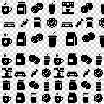Seamless pattern of black coffee shop icons including cups, bags of beans, .. Stock Illustration