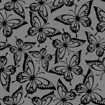 Seamless pattern of black contours of butterflies on a gray background, tex.. Stock Illustration