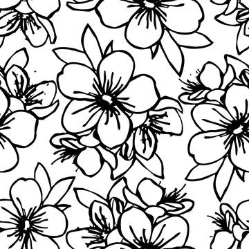Seamless pattern of black contours of flowers on a white background, texture Stock Illustration