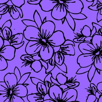 Seamless pattern of black contours of flowers on a blue background, texture Stock Illustration