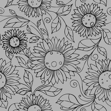 Seamless pattern of black contours of flowers on a gray background, texture, Stock Illustration