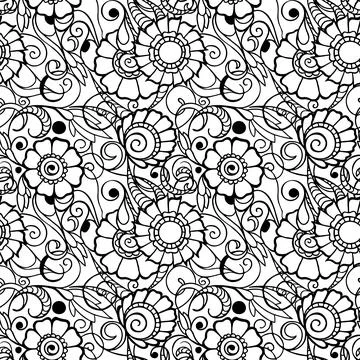 Seamless pattern of black contours of flowers on a white background Stock Illustration