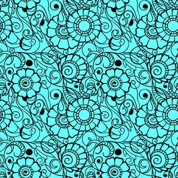 Seamless pattern of black contours of flowers on a green background, textur.. Stock Illustration