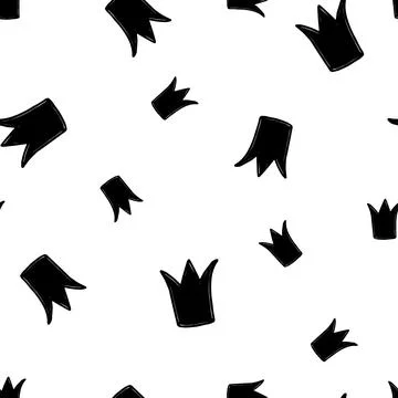 Seamless pattern with black crown silhouette on white background. Doodle vector Stock Illustration