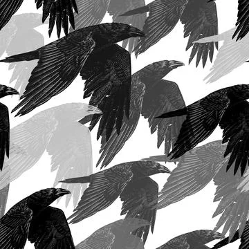 Seamless pattern with black crows or raven flying. Hand drawn engraving in old Stock Illustration