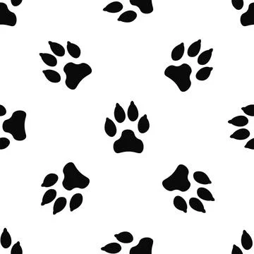 Seamless pattern with black dog track isolated on white background. Animal .. Stock Illustration