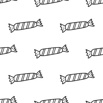 Seamless pattern with black doodle candies on white background. Vector Stock Illustration