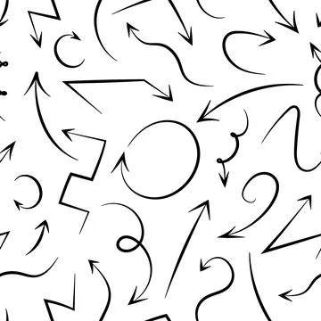 Seamless pattern of black drawn Arrows. Sharp and wavy types of Pointers. P.. Stock Illustration