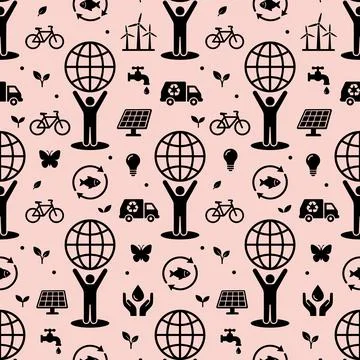 Seamless pattern of black eco-friendly icons on a light pink background, fe.. Stock Illustration