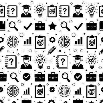 Seamless pattern of black education and business icons on white background,.. Ilustração Stock